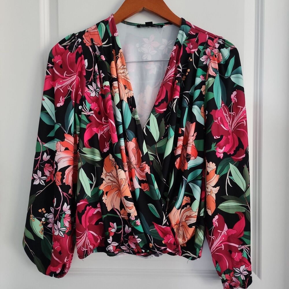 Womens Boston Proper Faux Wrap Top Size XS Colorful Floral Long Sleeve Career